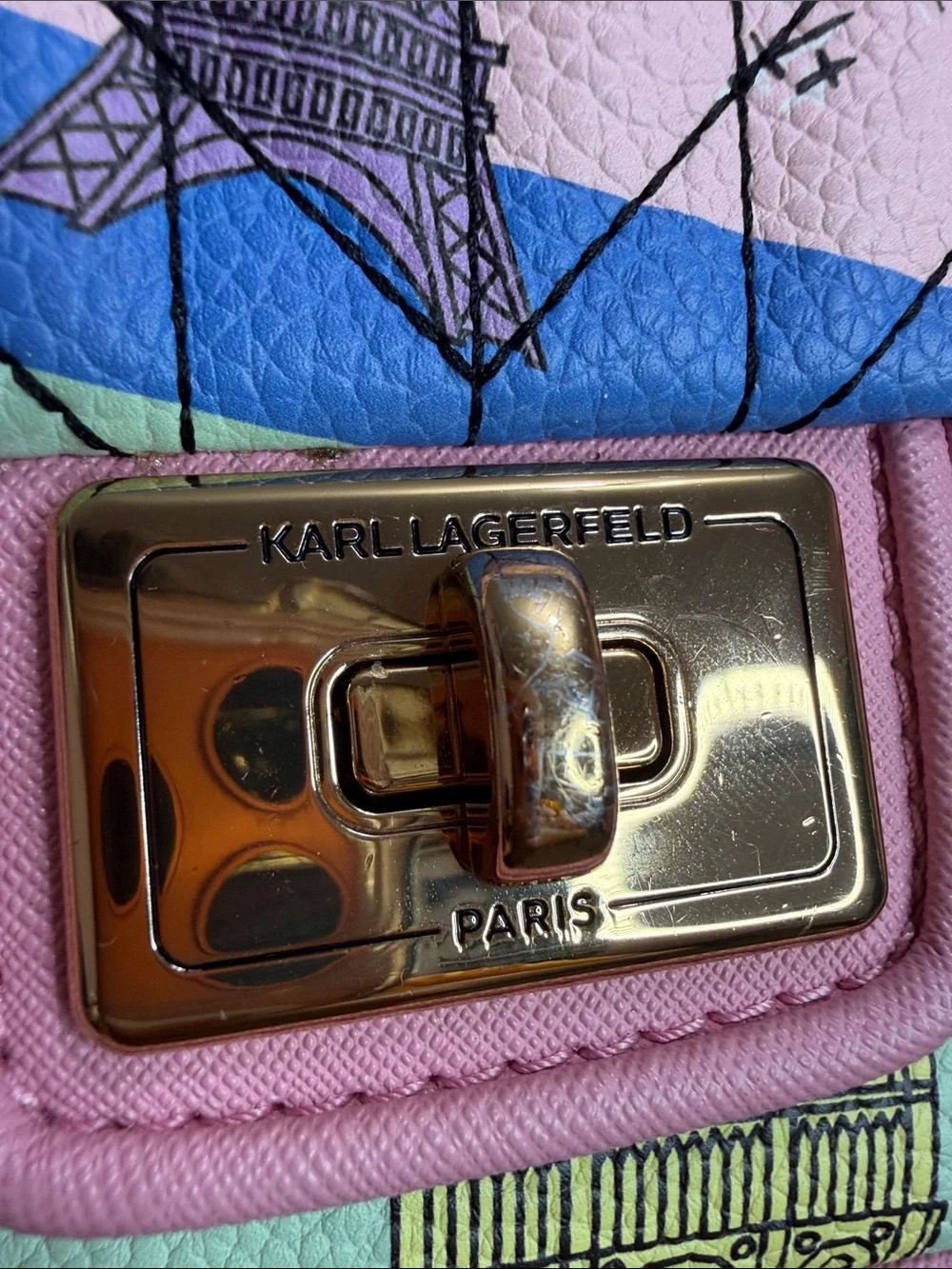 Karl Lagerfeld Paris Quilted Paris Print Chain Shoulder Bag Pink Blue Crossbody